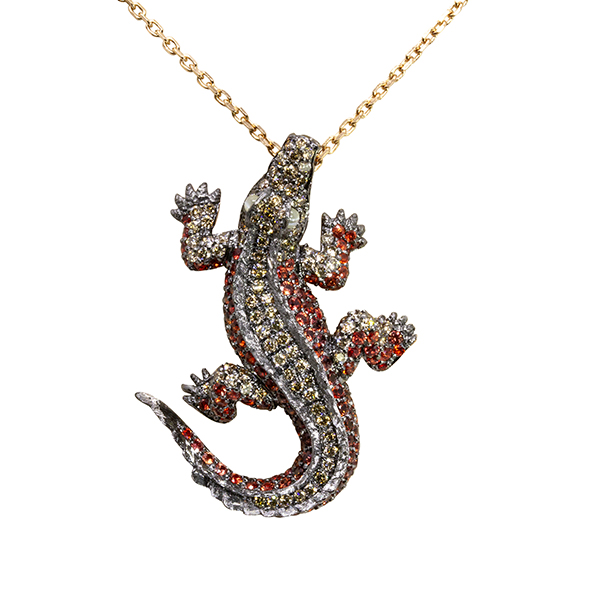 18K Brown Diamond & Orange Sapphire Crocodile Pendant on Chain